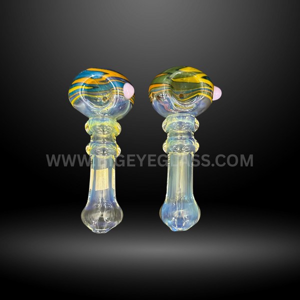 Colorful striped 5-inch glass hand pipes with pink side marble and fumed finish. Durable smoking pipes available wholesale for head shops and distributors.