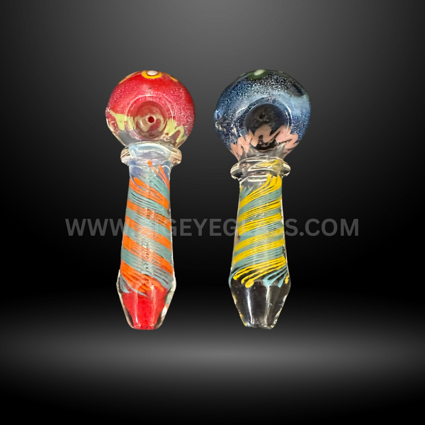 Assorted 5-inch glass hand pipes with swirl stripe designs in red, blue, yellow, and orange. Durable wholesale smoking pipes for smoke shops and head shops.