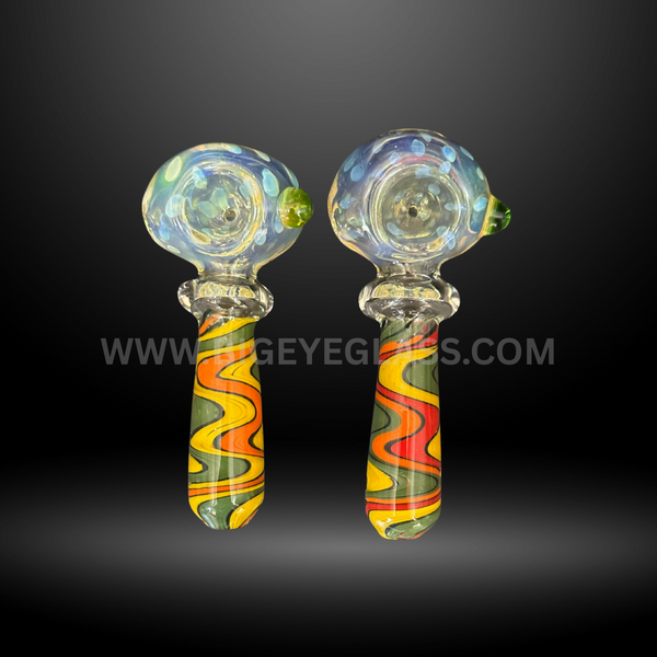 Set of 5-inch glass hand pipes with colorful wavy stripe handles and dotted glass bowls. Wholesale smoking pipes for smoke shops and head shops.