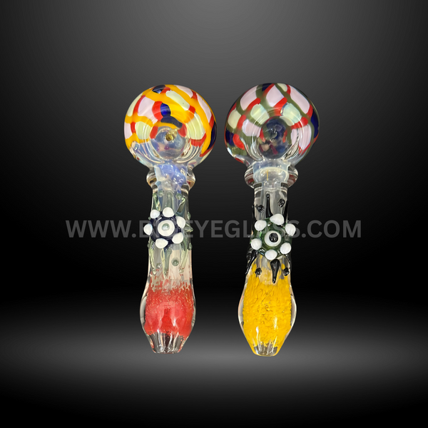 Assorted 5.5-inch glass hand pipes with colorful lattice bowl designs and decorative flower accents on the handle. Wholesale smoking pipes for smoke shops and head shops.