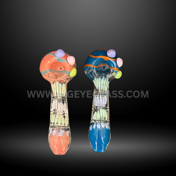 Assorted 5.5 inch glass hand pipes with colorful swirl patterns and decorative knob accents. Durable wholesale smoking pipes for smoke shops and head shops.