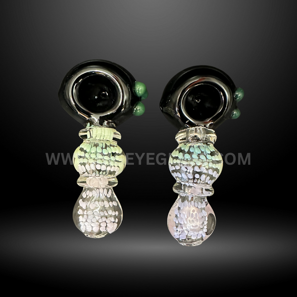 Two black head glass hand pipes with colorful frit textured bottoms, durable wholesale glass pipes for smoke shops and distributors."