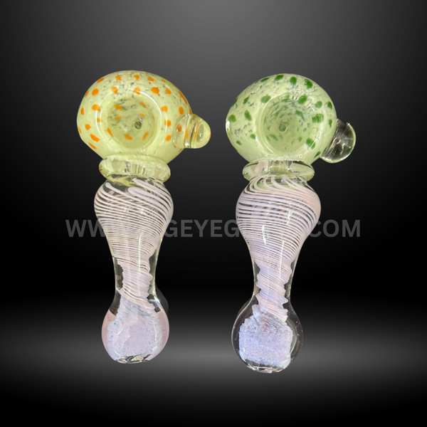 Glass hand pipes with yellow-orange and green spots on the bowl, featuring white swirl stem design. Durable wholesale smoking accessories for head shops.