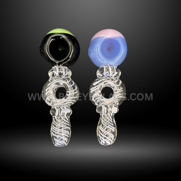 Unique glass hand pipes with hollow center and colorful tops in black-green and blue-pink, durable wholesale smoking accessories for head shops.