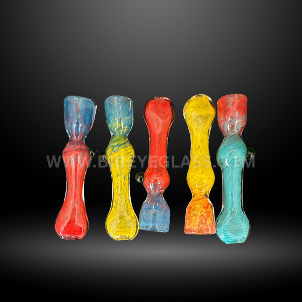 Set of five colorful double bowl glass chillums in red, blue, yellow, and mixed designs. Durable wholesale smoking accessories for head shops.