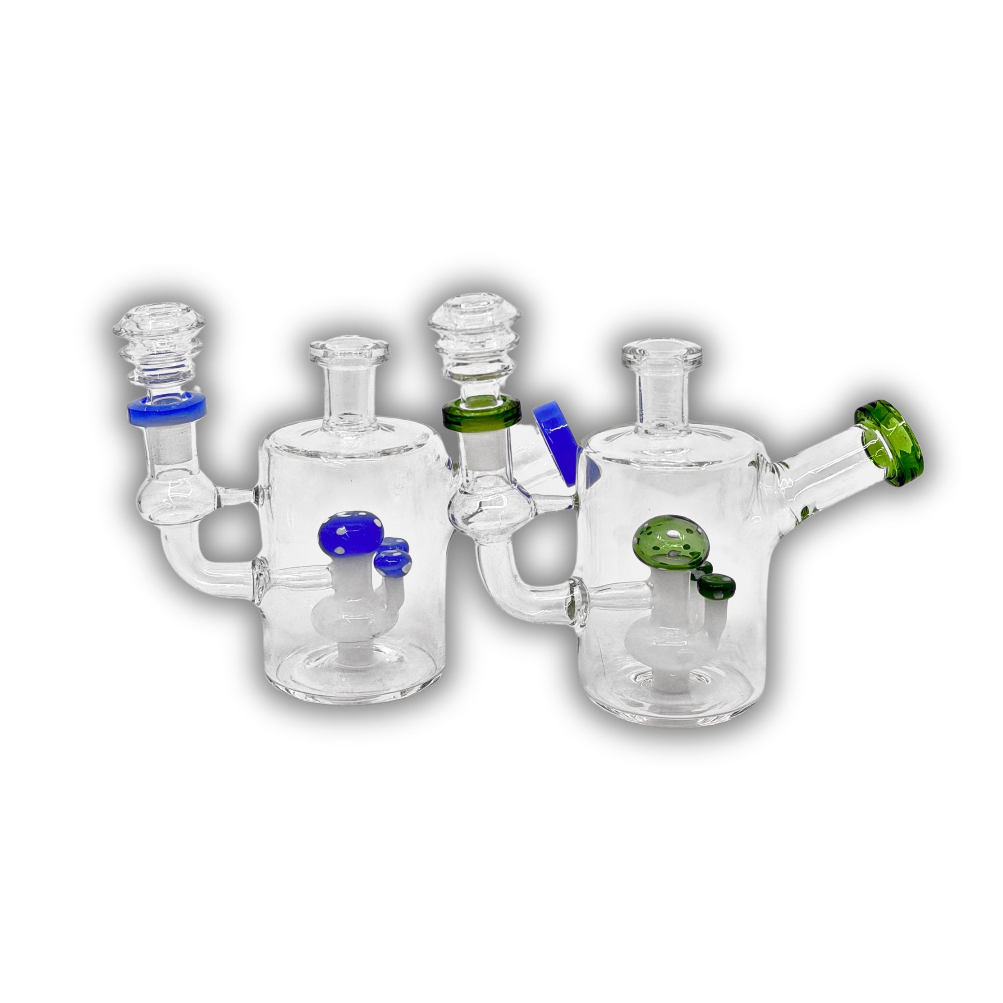 Compact sidecar glass dab rig featuring a mushroom-style percolator with colored accents and angled mouthpiece design.