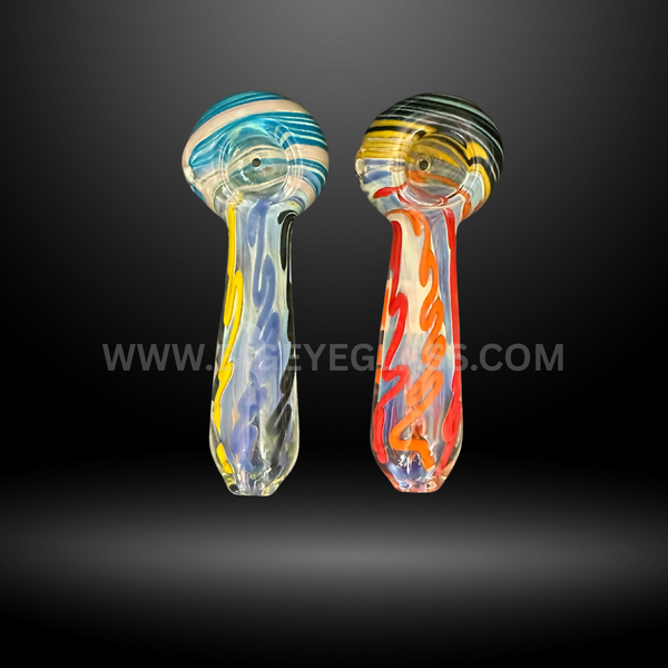 Two swirl color glass hand pipes with blue, yellow, red, and black accents, durable wholesale smoking accessories for head shops and smoke shops.