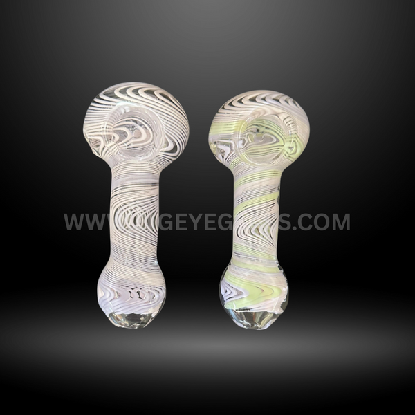 Two white frit glass hand pipes with intricate swirl designs, durable wholesale smoking accessories for head shops and resellers.