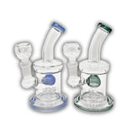 Clear glass water pipe with bent neck, UFO disc percolator, and colored inner chamber and base accents.
