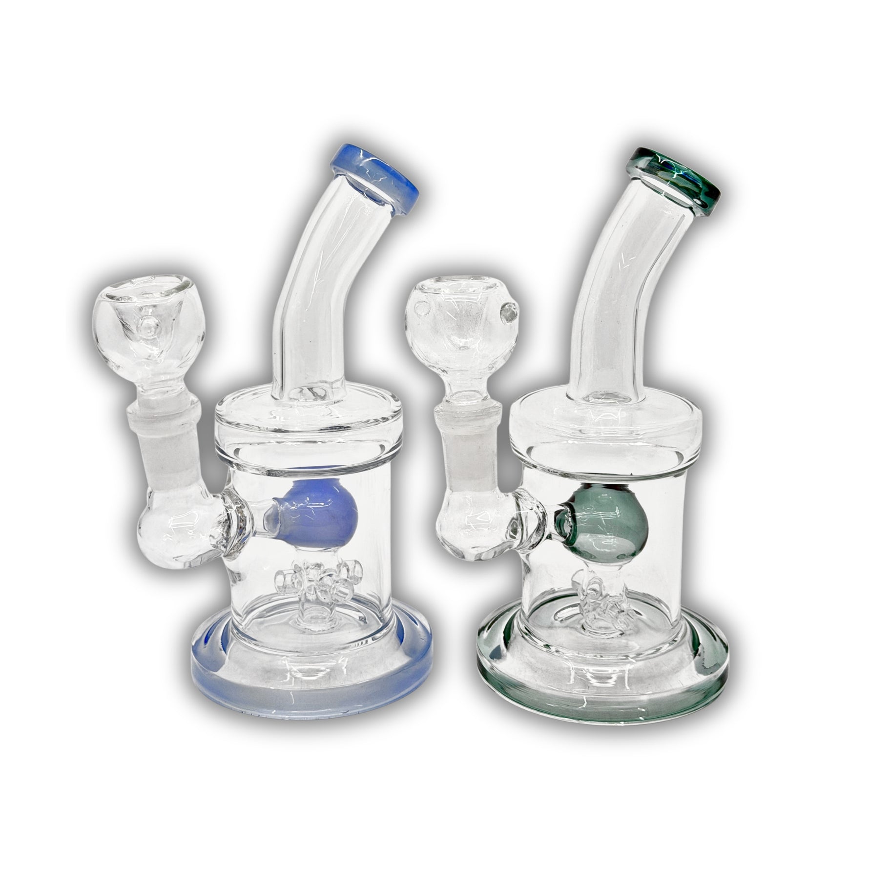 Clear glass water pipe with bent neck, UFO disc percolator, and colored inner chamber and base accents.