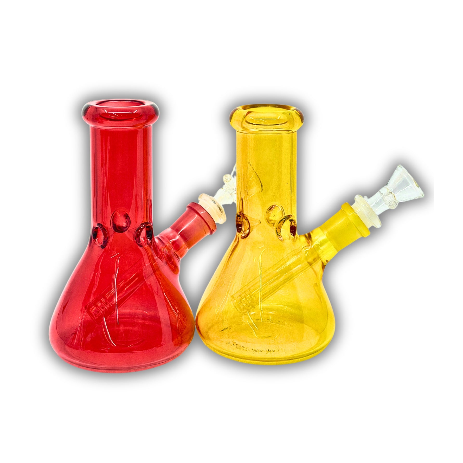 Small colored glass beaker-style water pipe featuring an inline percolator and angled joint with matching bowl.