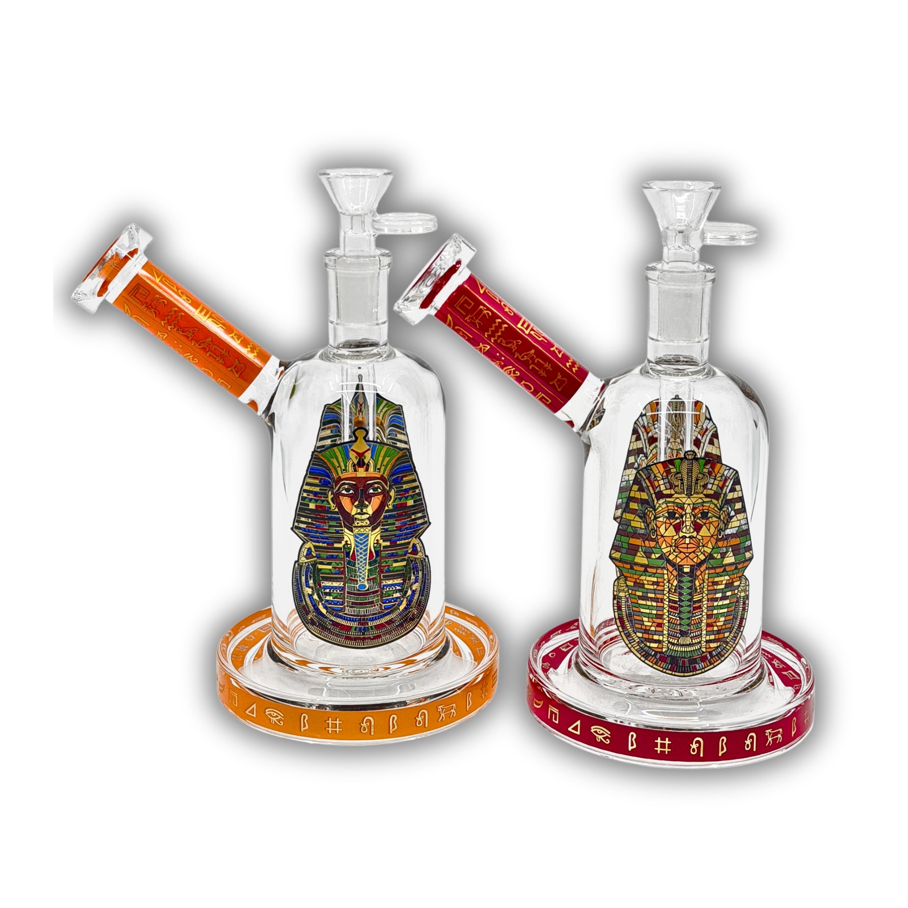 Clear straight tube bong featuring detailed Egyptian pharaoh artwork with colored base, neck, and hieroglyph-style accents.