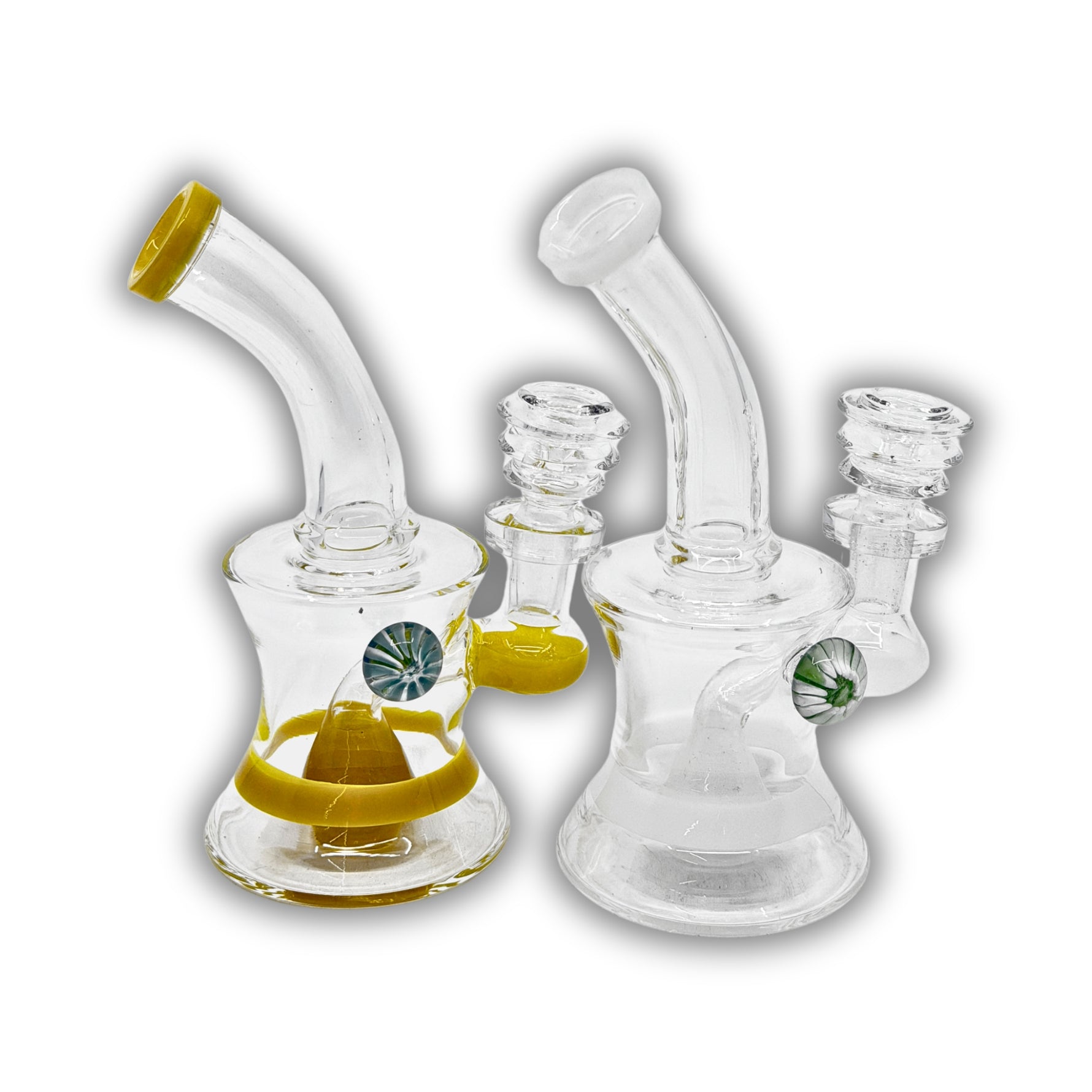 Compact glass dab rig with flared base, accent color ring, and decorative side marble detail in yellow and clear variations.