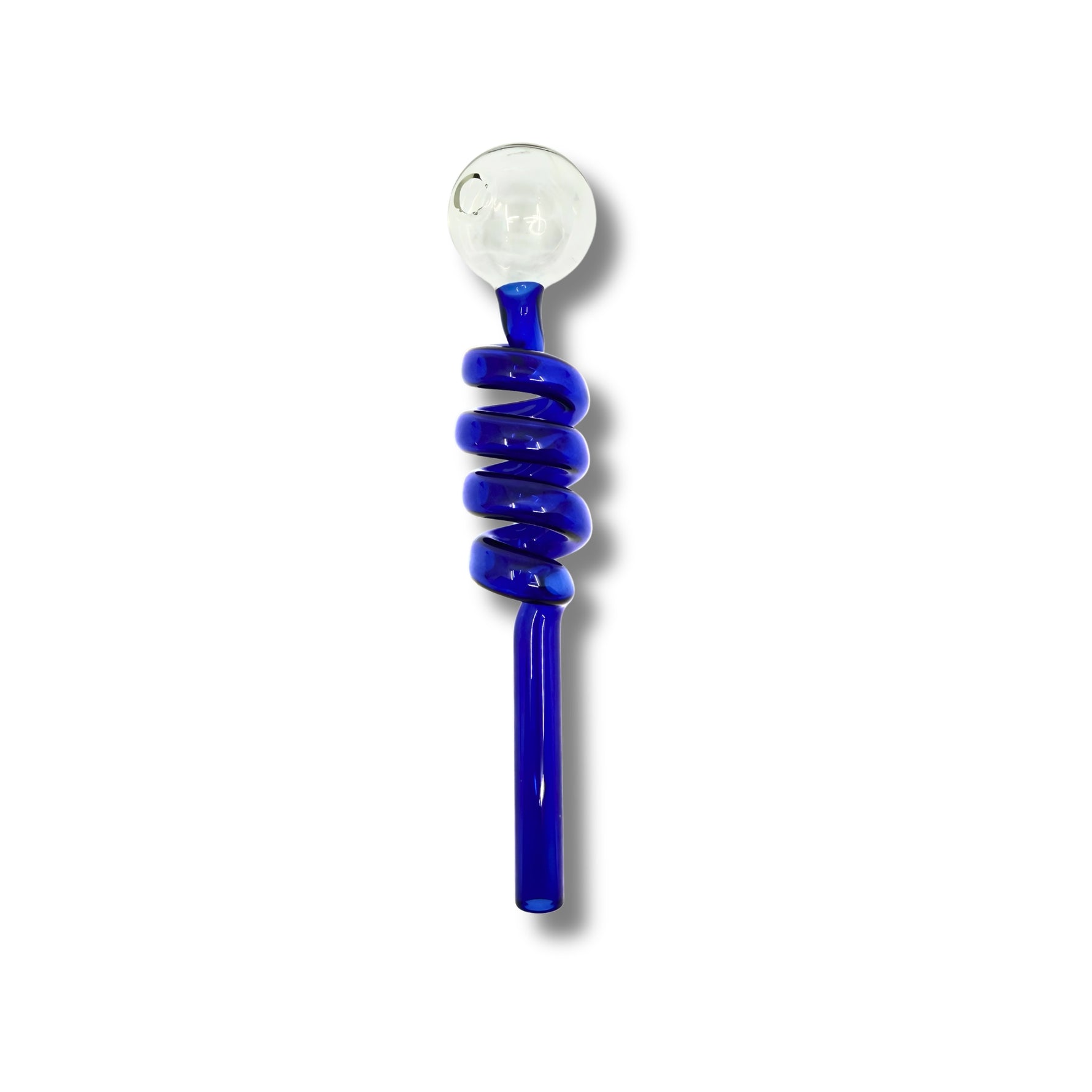 Glass oil burner pipe with spiral coil stem and round bubble bowl in blue and grey colors.