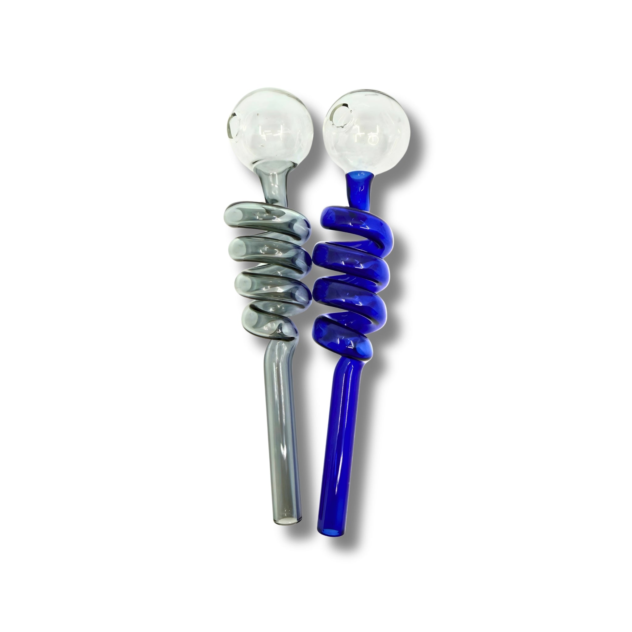 Glass oil burner pipe with spiral coil stem and round bubble bowl in blue and grey colors.