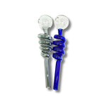 Glass oil burner pipe with spiral coil stem and round bubble bowl in blue and grey colors.