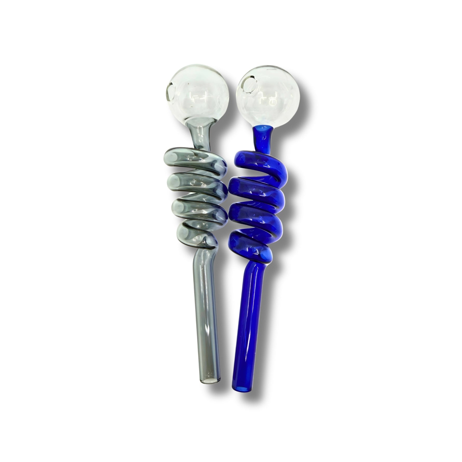 Glass oil burner pipe with spiral coil stem and round bubble bowl in blue and grey colors.