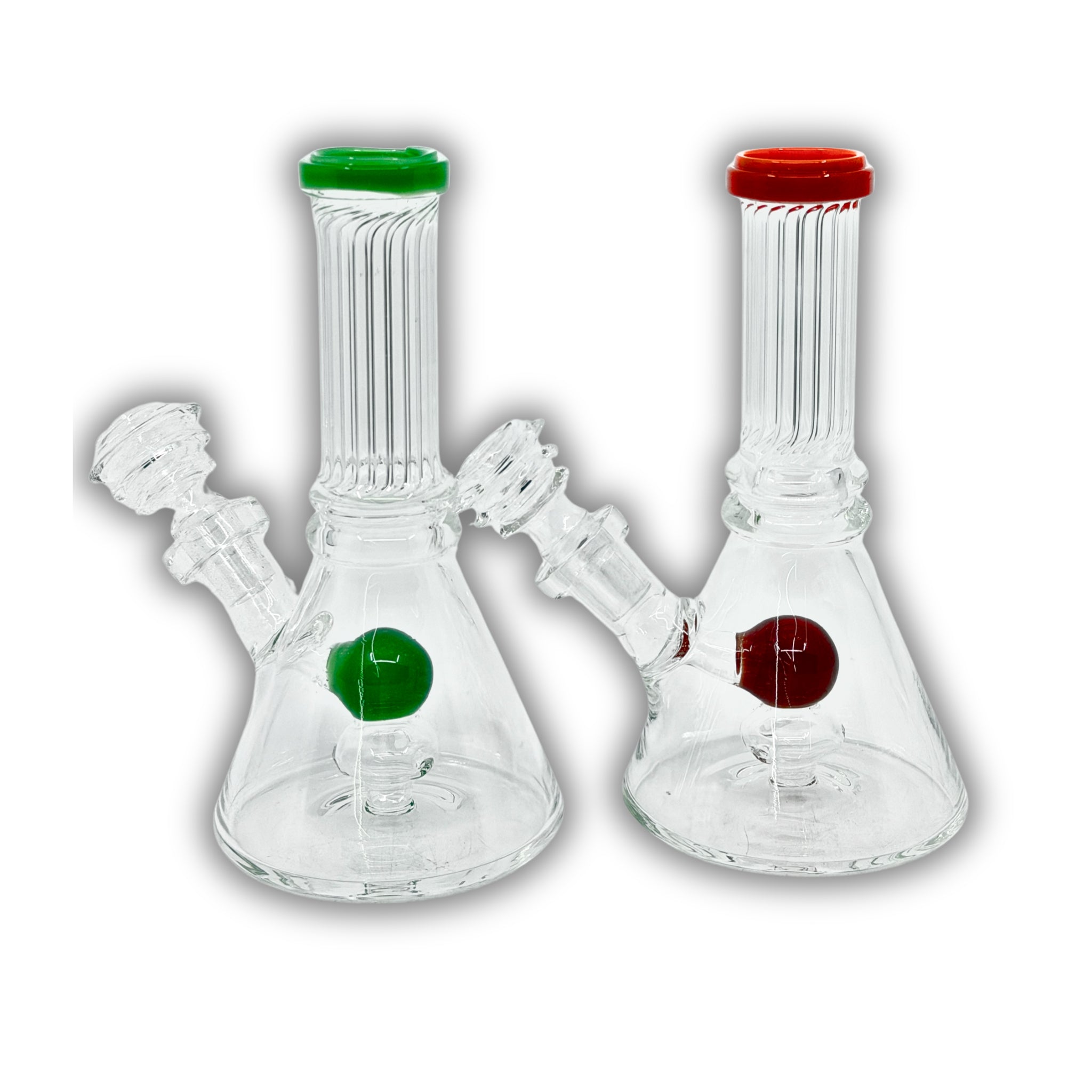 Compact beaker-style glass dab rig featuring a showerhead percolator and colored marble accent with ribbed neck design.