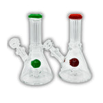 Compact beaker-style glass dab rig featuring a showerhead percolator and colored marble accent with ribbed neck design.