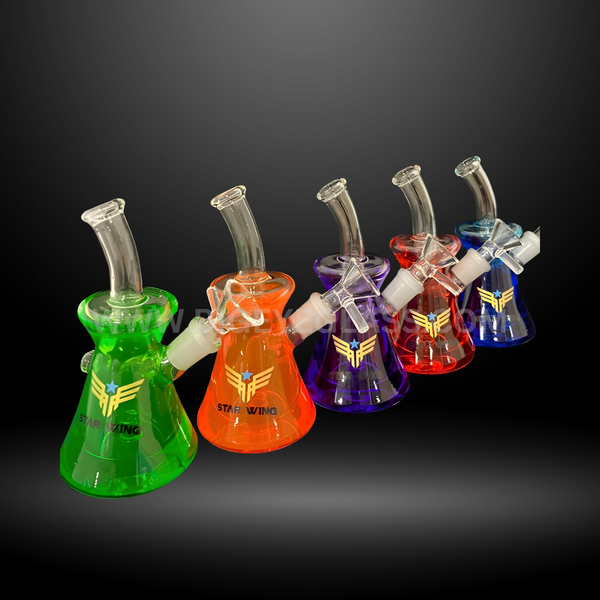 Colorful liquid mini beaker bongs in green, orange, purple, red, and blue with curved necks. Durable wholesale glass rigs for smoke shops and distributors.