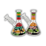Mini beaker-style glass water pipe featuring colorful striped design with palm trees and surfer silhouette artwork.