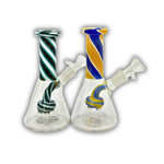 Glass water pipe with colorful swirl stripe design, spiral stem, and tree percolator base.