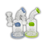 Compact glass dab rig featuring a textured curved neck and showerhead percolator with blue and green accent options.