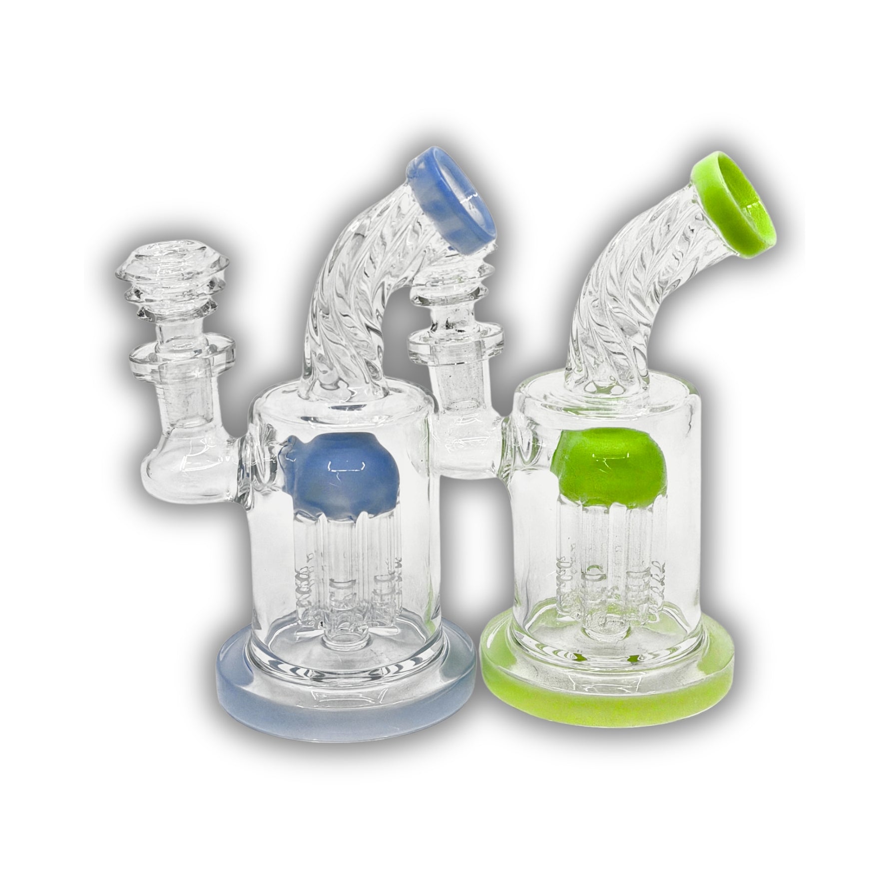 Compact glass dab rig featuring a textured curved neck and showerhead percolator with blue and green accent options.