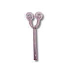 U-shaped glass oil burner pipe with double bubble ends in pink, amber, and gray transparent colors.