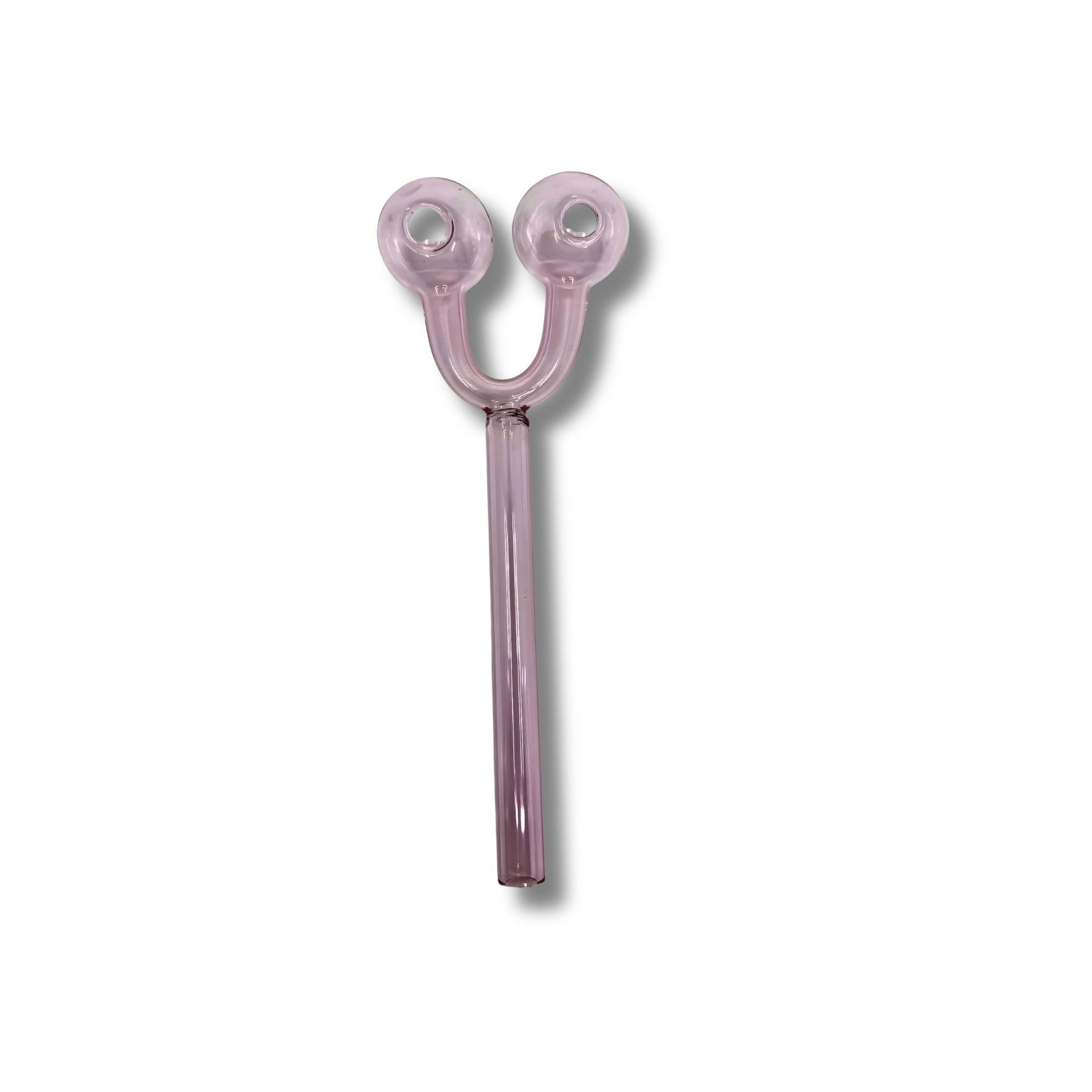 U-shaped glass oil burner pipe with double bubble ends in pink, amber, and gray transparent colors.
