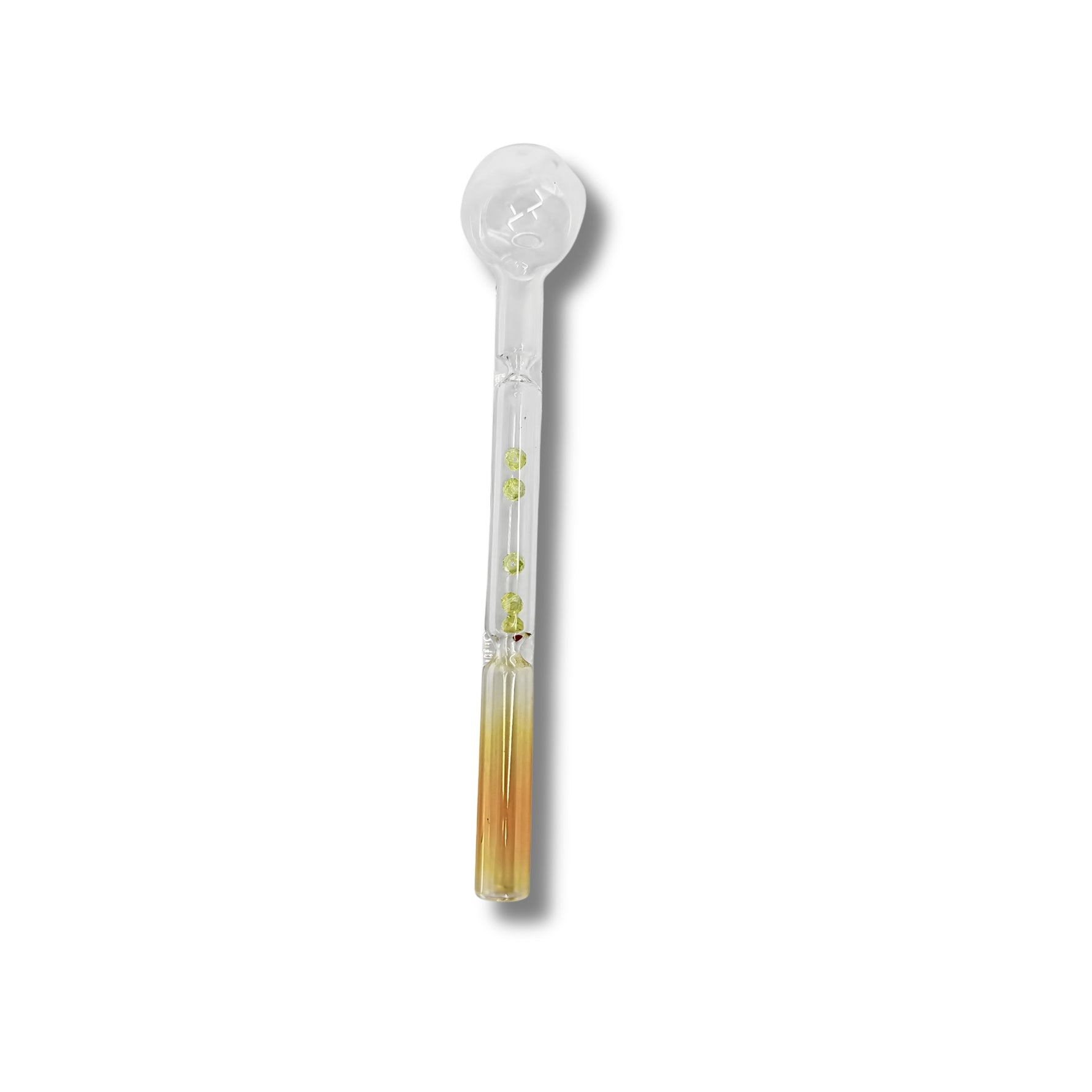 Clear glass oil burner pipes with colored bead accents inside the stem in blue, green, and red designs.