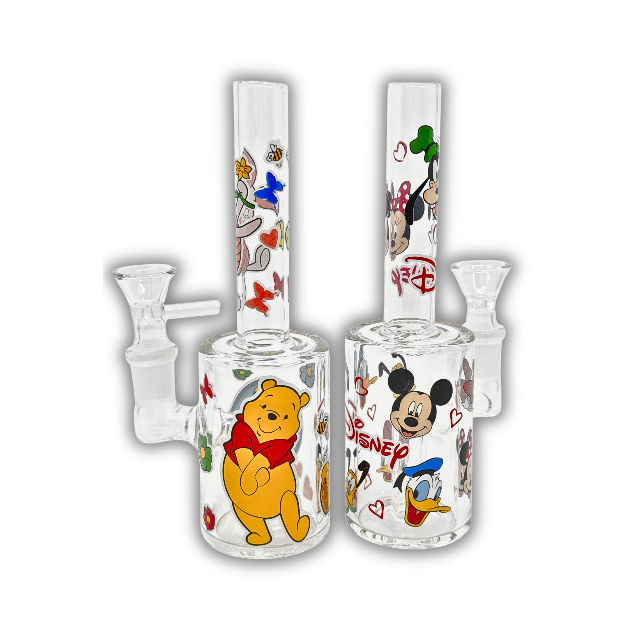 Clear mini straight tube bong featuring colorful cartoon-style character prints with flowers, hearts, and playful graphics.