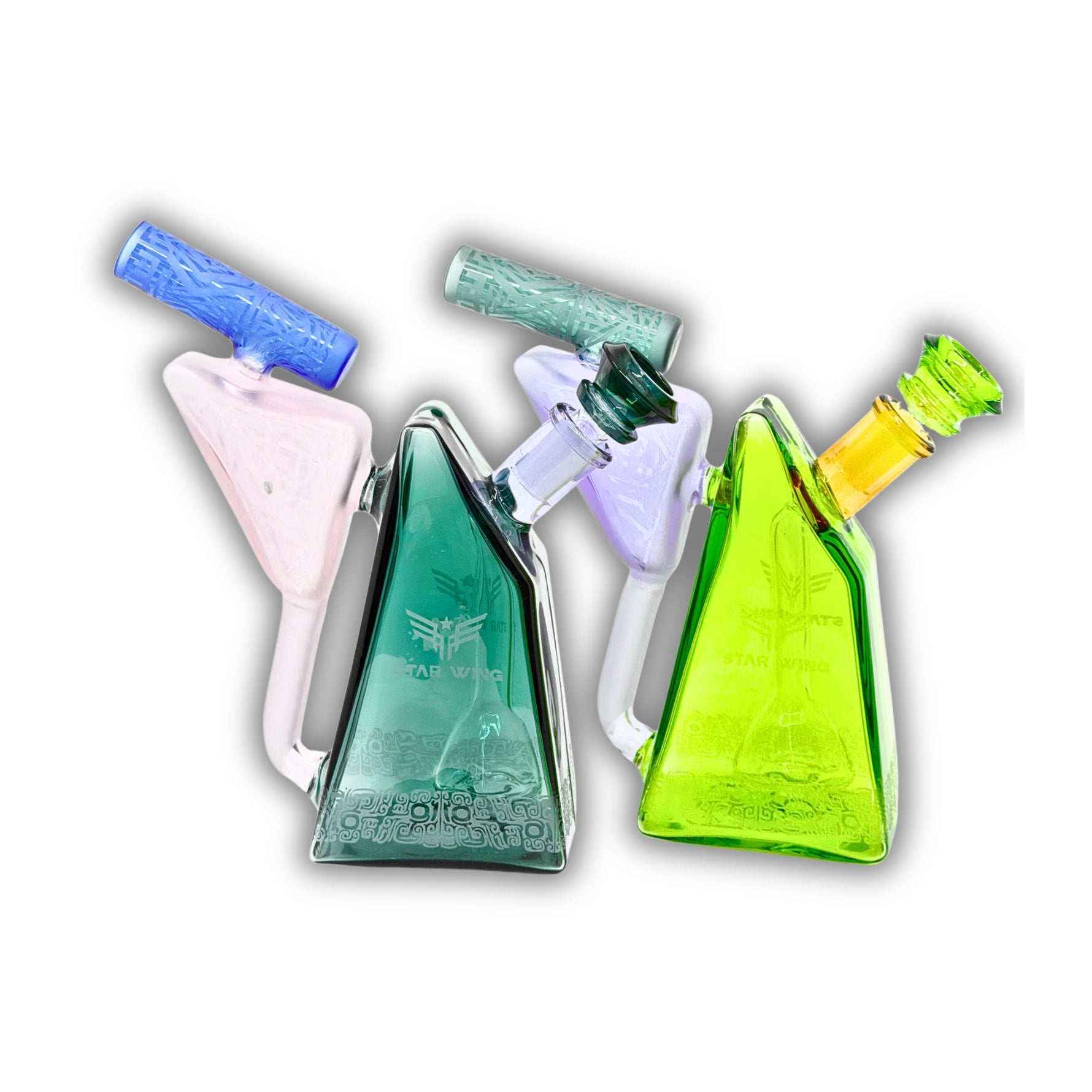 Geometric pyramid-shaped glass water pipe with colored translucent glass and angled mouthpiece.