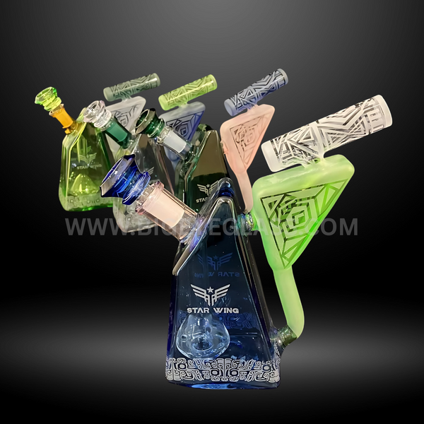 Star Wing pyramid-shaped glass bongs with etched geometric triangle designs in green, blue, and pink. Wholesale water pipes for smoke shops.