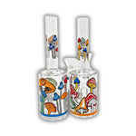 Clear mini straight tube bong with vibrant multicolor mushroom artwork printed across the body and neck.