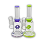 Glass water pipe with donut percolator, straight neck design, and colored base and neck accents.