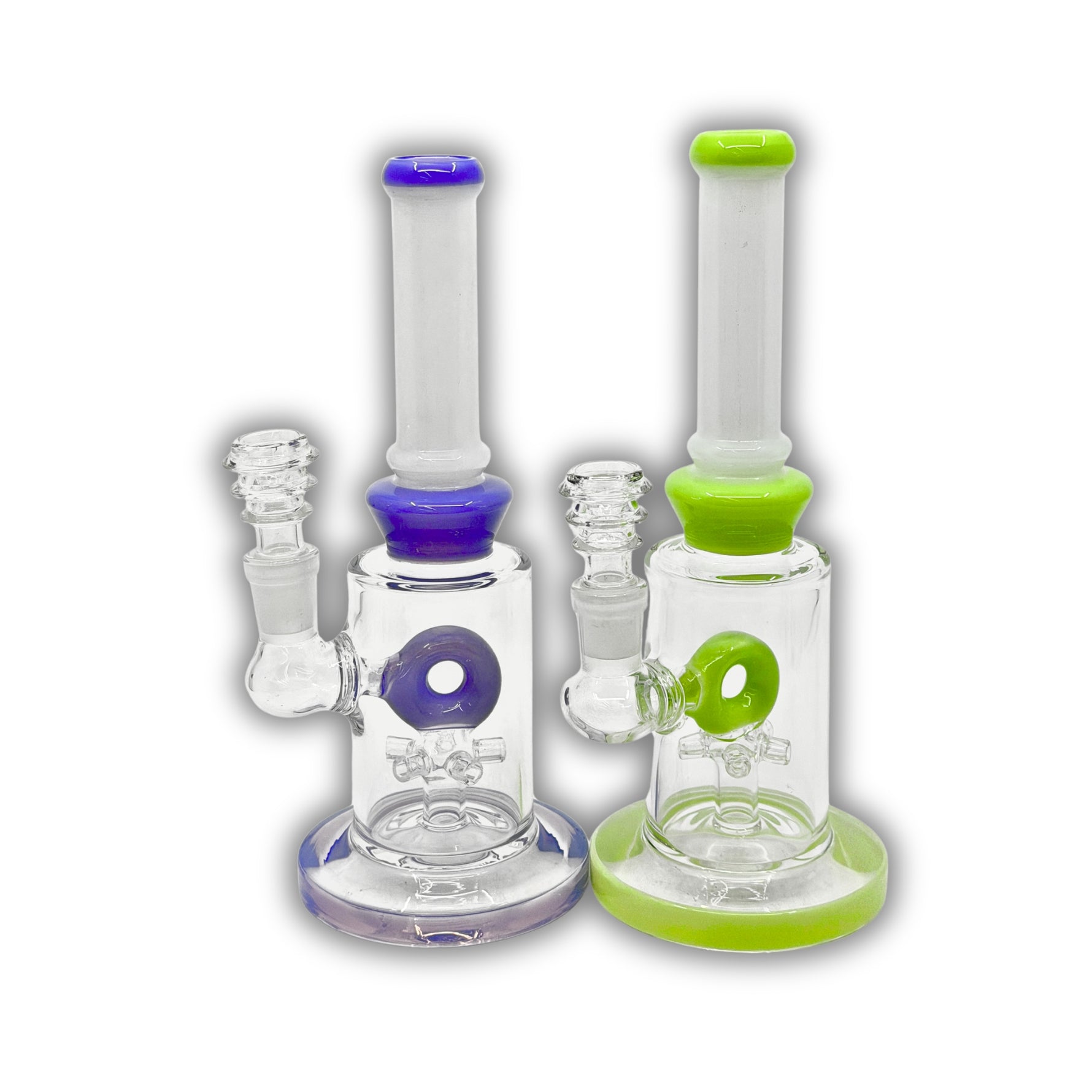 Glass water pipe with donut percolator, straight neck design, and colored base and neck accents.