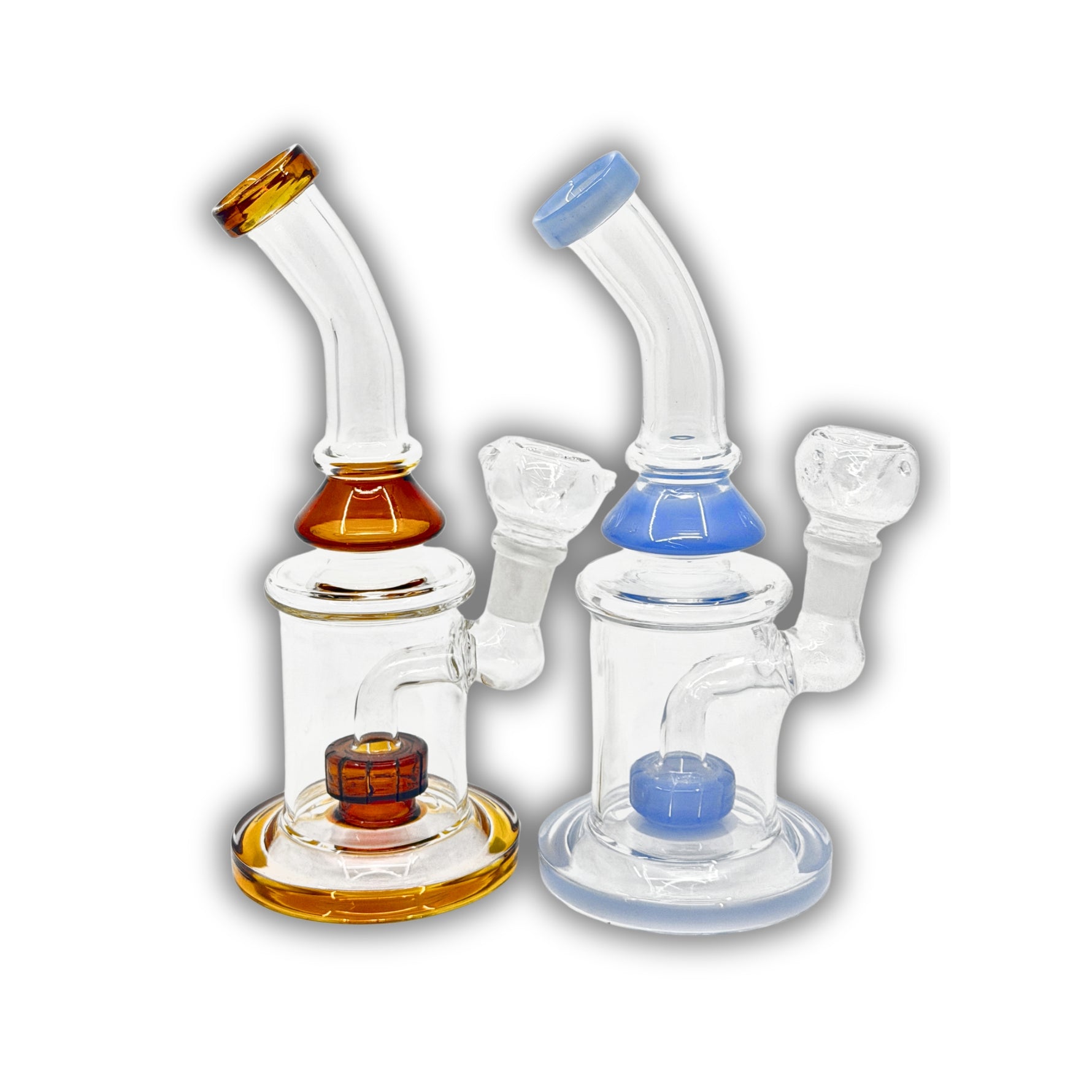 Clear glass water pipe with bent neck, barrel percolator, and colored base and mouthpiece accents.