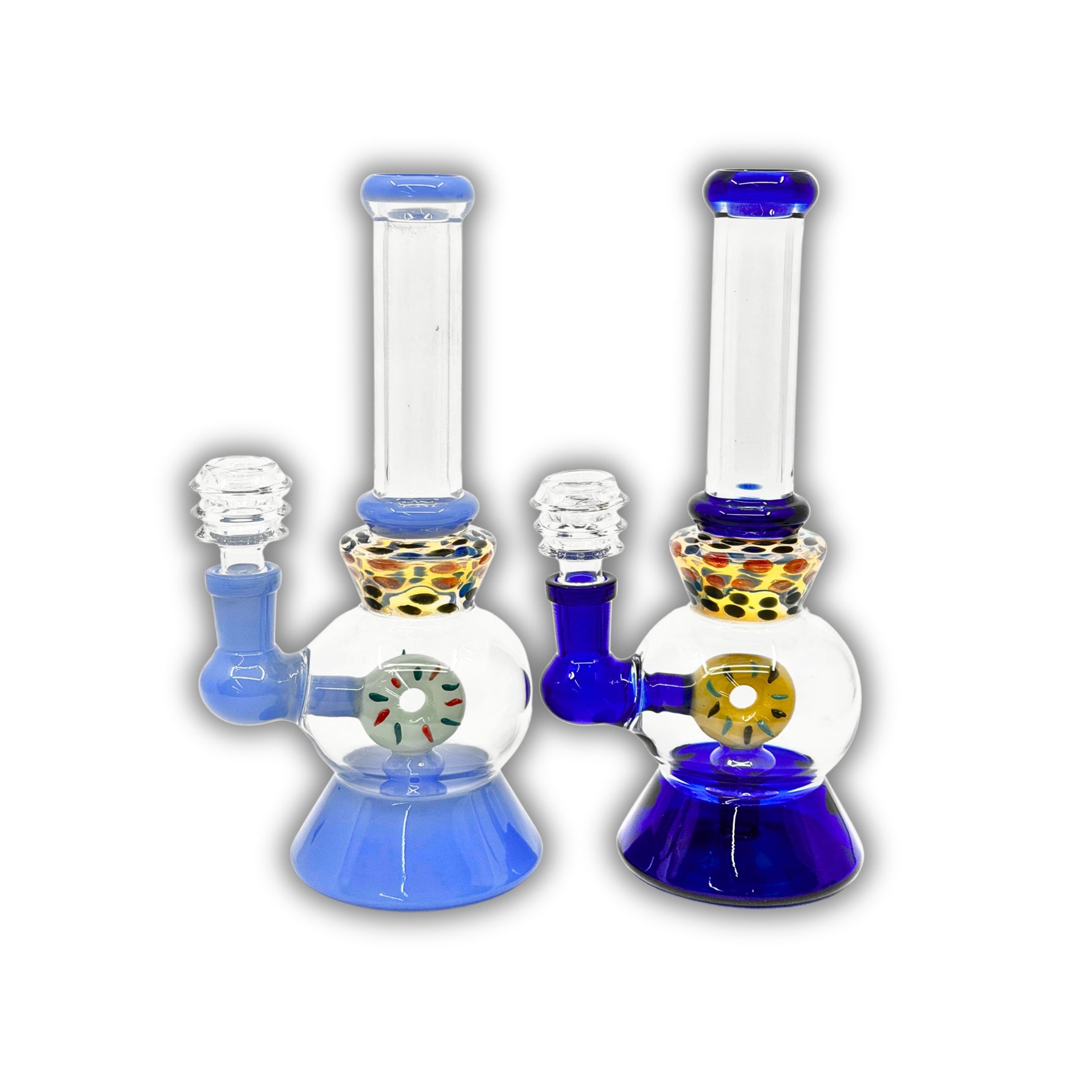 Glass water pipe with donut-style percolator, bubble chamber, speckled neck detail, and colored base and joint.