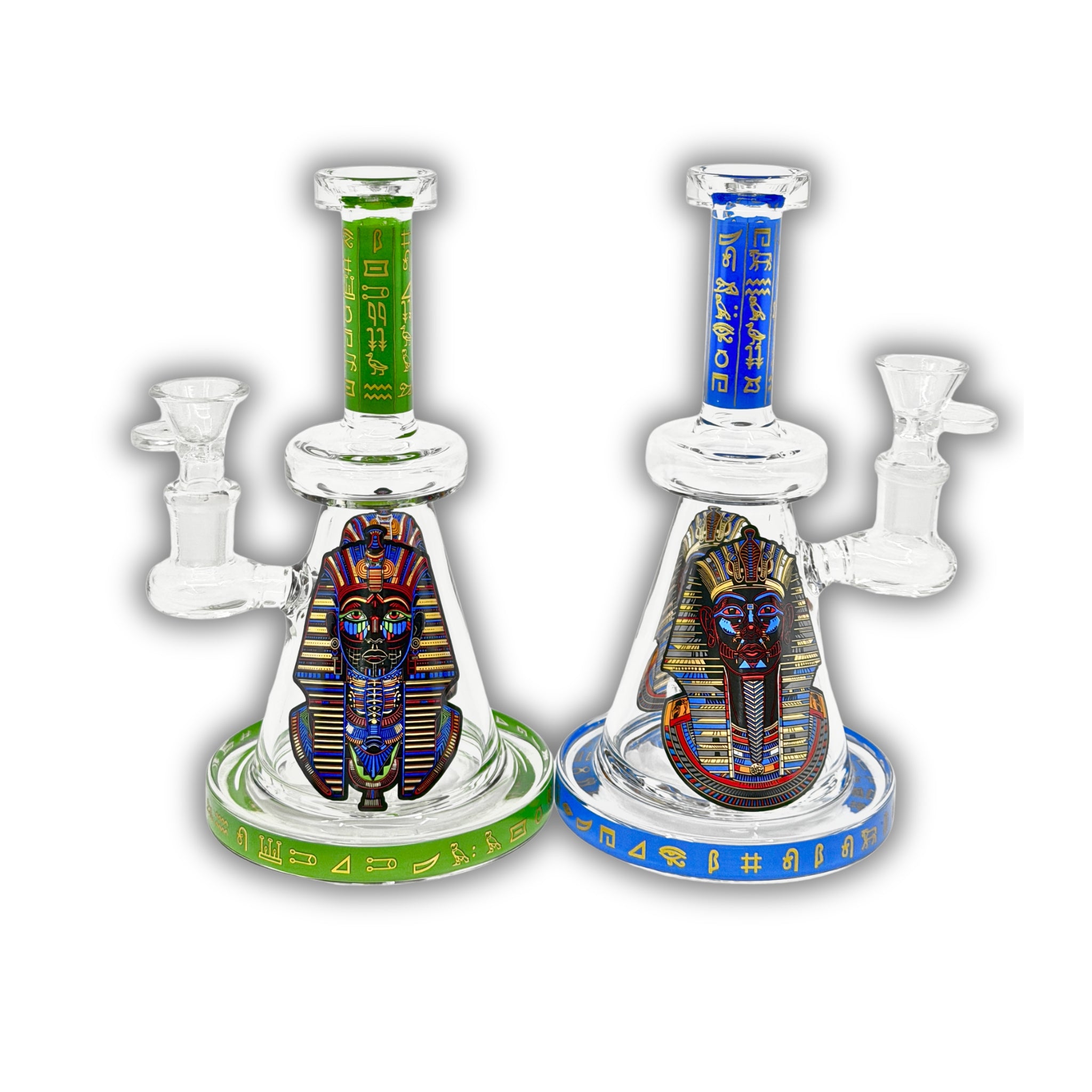 Mini beaker bong featuring detailed Egyptian pharaoh artwork with colored neck and base decorated in hieroglyph-style patterns.