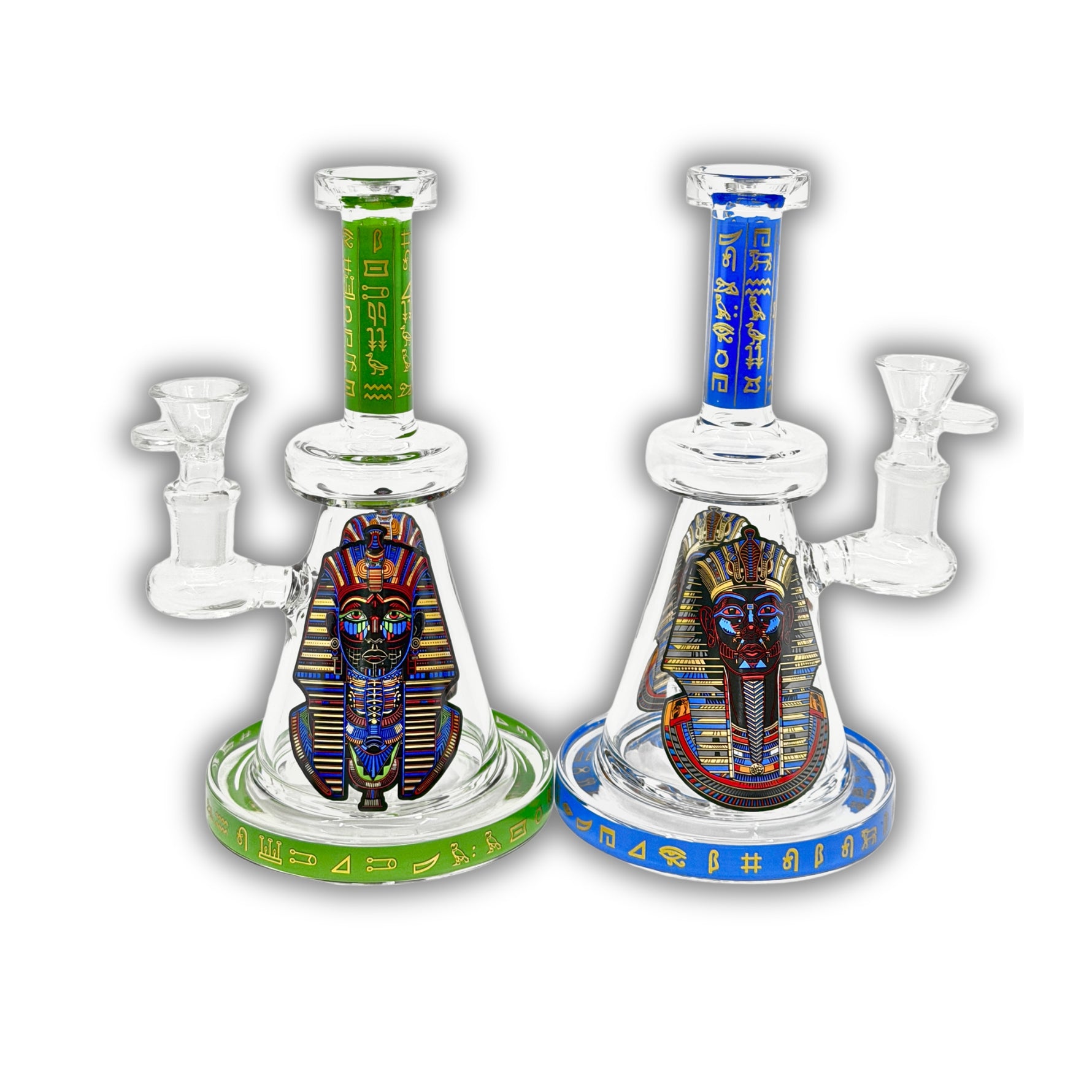 Mini beaker bong featuring detailed Egyptian pharaoh artwork with colored neck and base decorated in hieroglyph-style patterns.