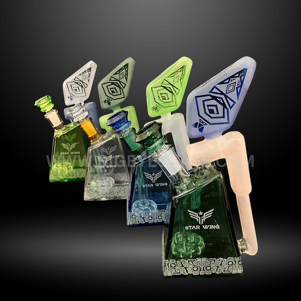 Pyramid-shaped glass bongs with etched geometric designs in green, blue, white, and purple. Premium wholesale water pipes for smoke shops.