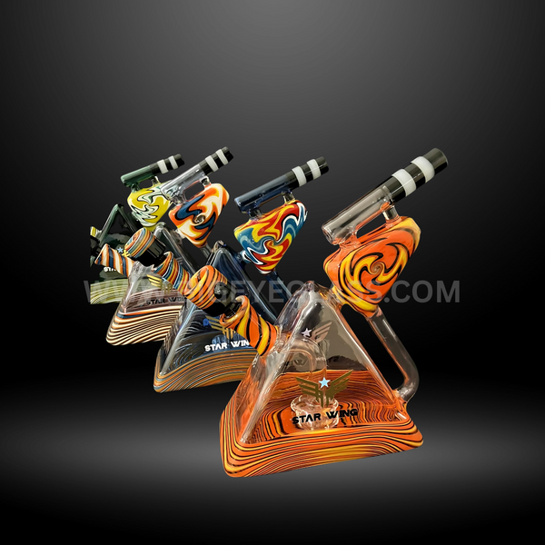 Unique pyramid-shaped glass bong by Star Wing with colorful swirl designs and angled mouthpiece. Premium wholesale water pipe collection.