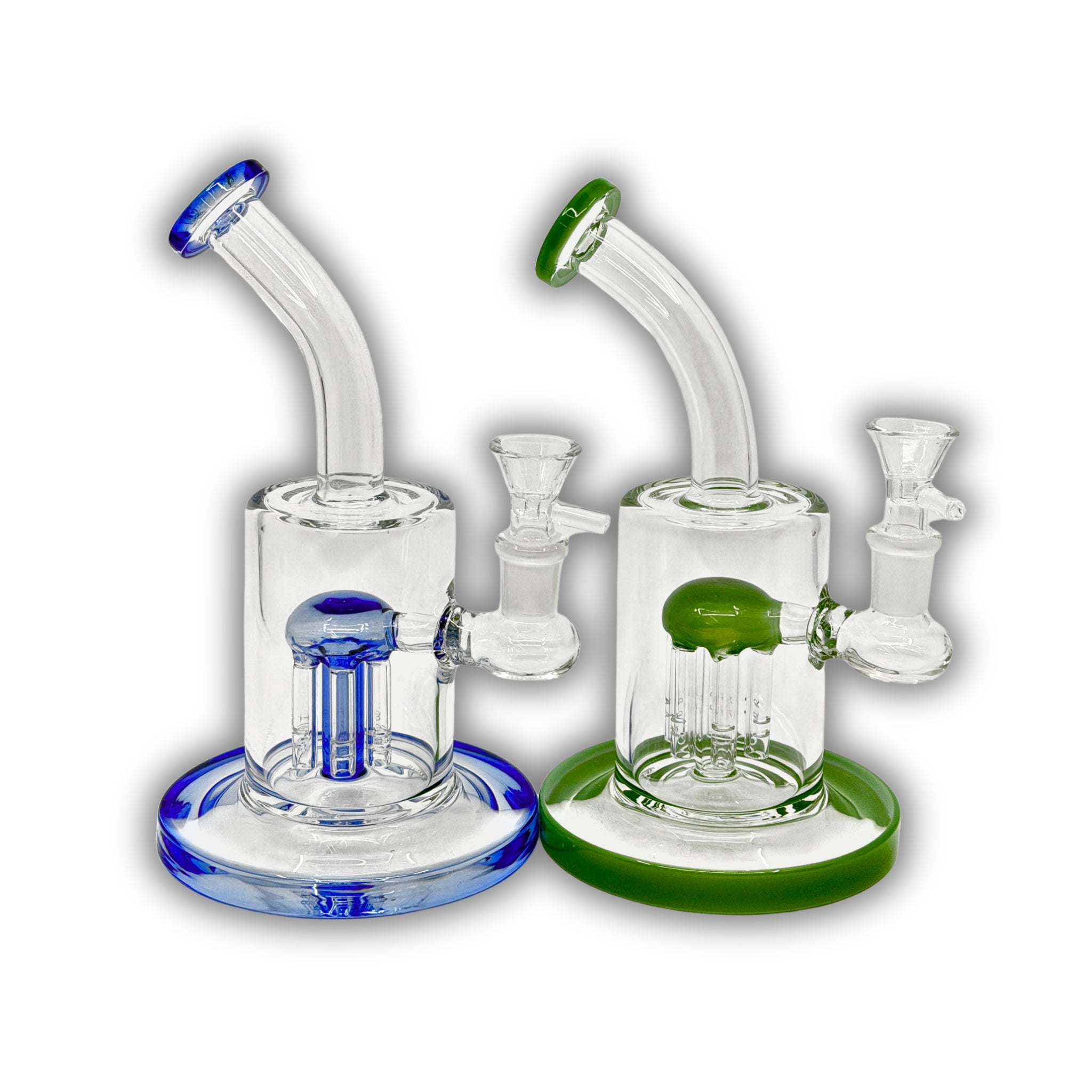 Compact glass water pipe with matrix percolator, angled neck, and blue and green color accents.