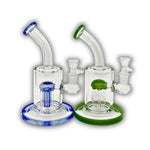 Compact glass water pipe with matrix percolator, angled neck, and blue and green color accents.