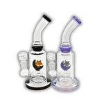 Compact glass water pipe with moon and star design, colored accents, angled neck, and built-in percolator.
