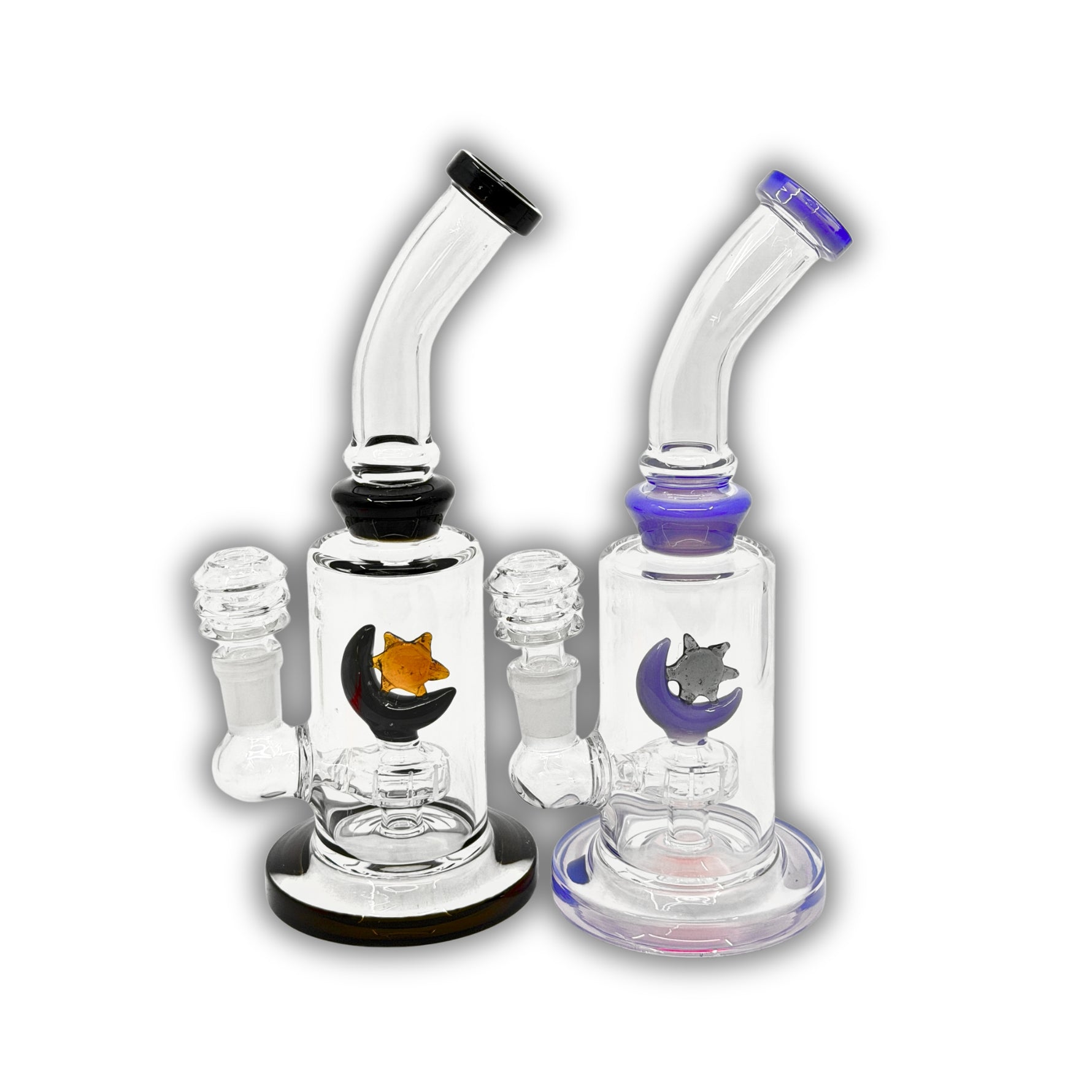 Compact glass water pipe with moon and star design, colored accents, angled neck, and built-in percolator.