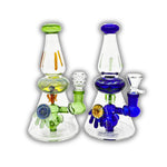 Colorful glass water pipe with artistic drip-style accents, bubble chamber, and detailed percolator design.