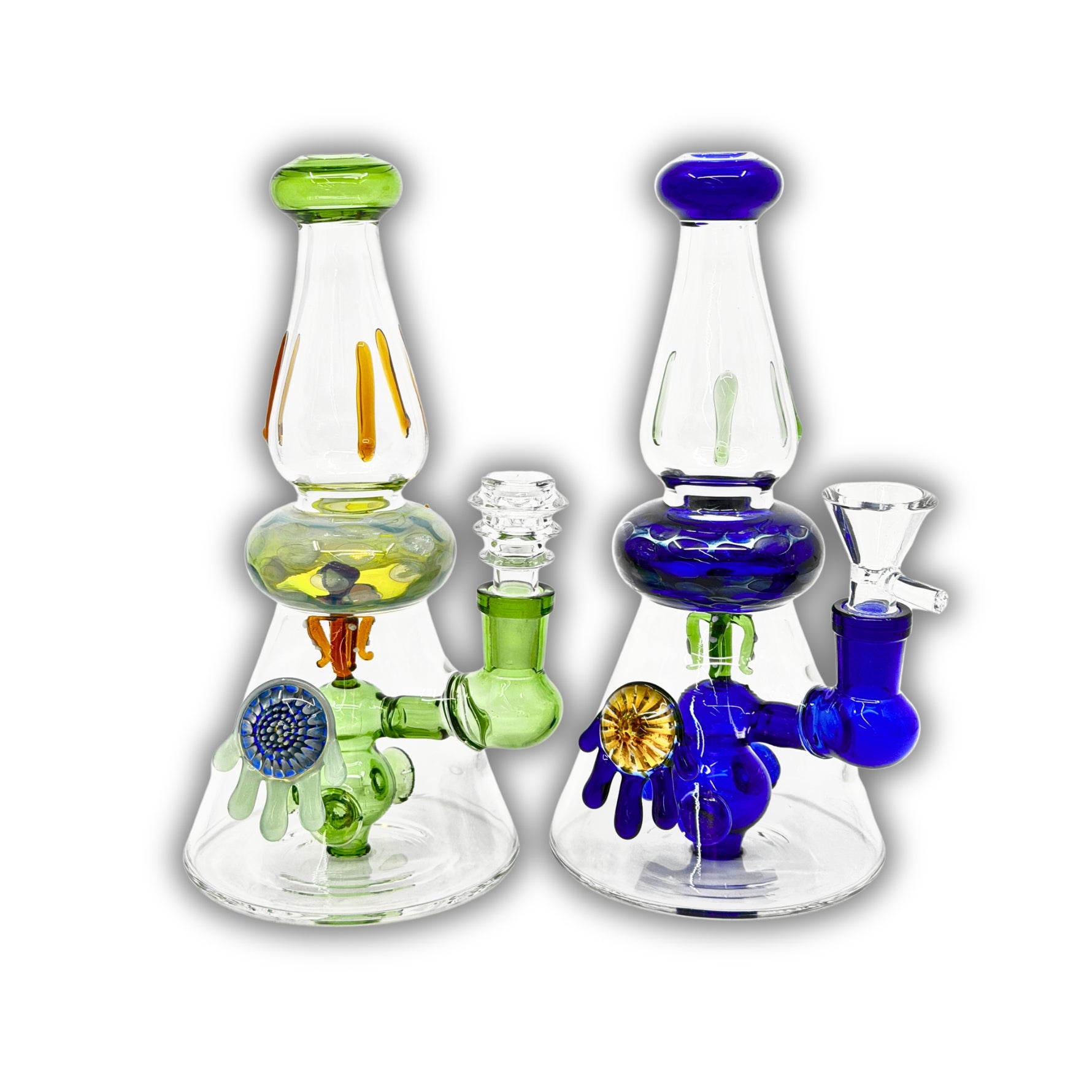 Colorful glass water pipe with artistic drip-style accents, bubble chamber, and detailed percolator design.