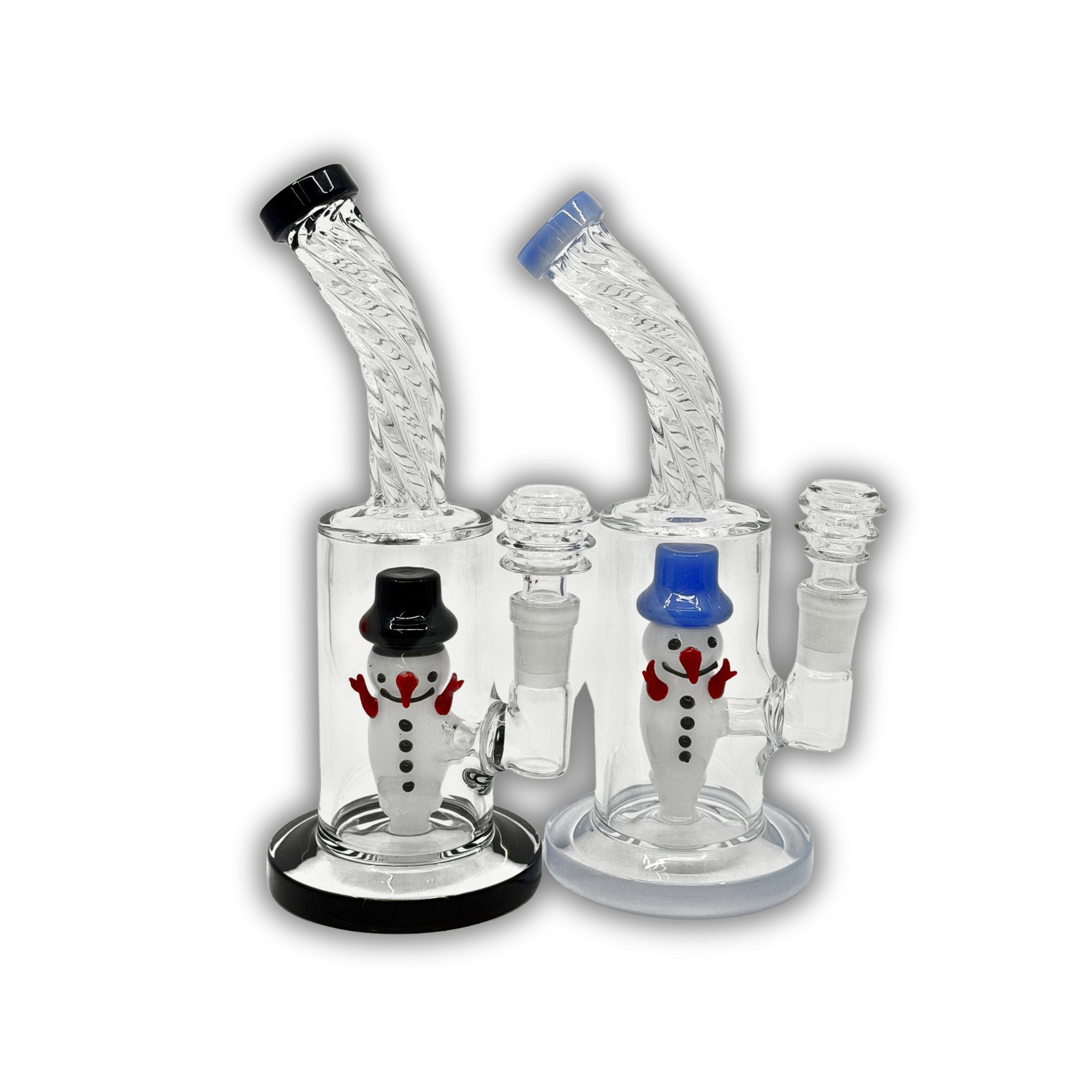 Compact glass water pipe with snowman figurine percolator, twisted neck design, and colored accents.